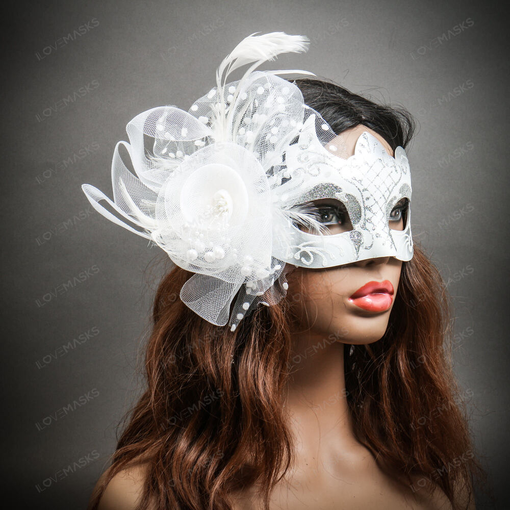 Flower Venetian Carnival Feather Masquerade Mask for Women - White Silver - Picture 5 of 5